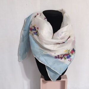 Vintage Light Blue White Floral Square Scarf Hanky Handkerchief Rolled Edging